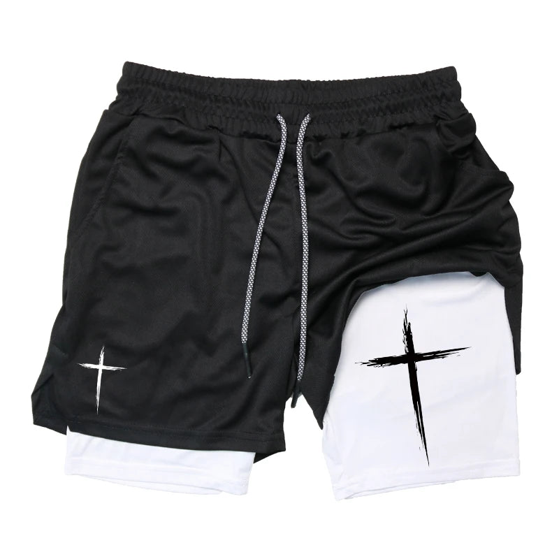 Shorts for Men Cross Print 2 in 1 Performance
