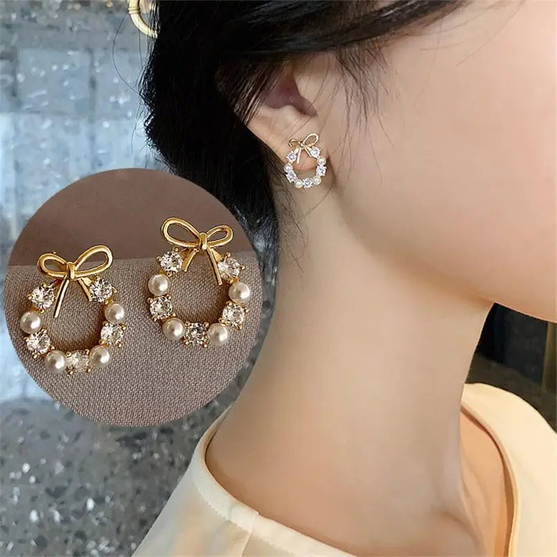 Korean Vintage Pearl Crystal Earrings For Women