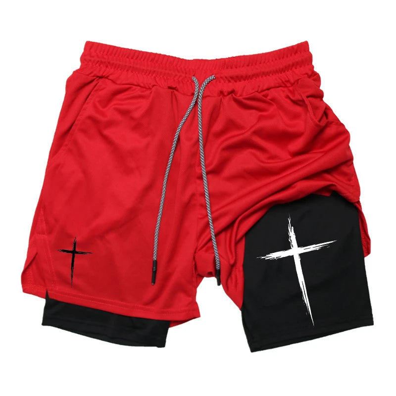 Shorts for Men Cross Print 2 in 1 Performance
