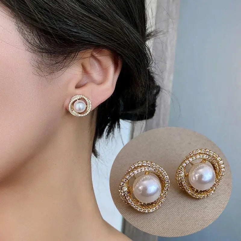 Korean Vintage Pearl Crystal Earrings For Women