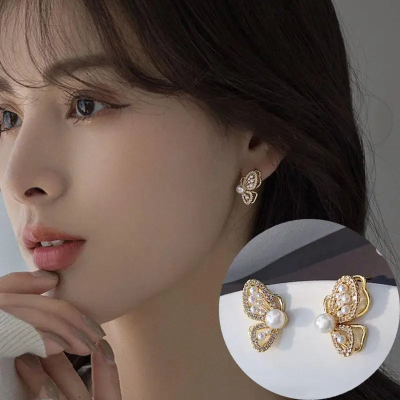 Korean Vintage Pearl Crystal Earrings For Women